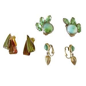 Three Pairs Of Vintage Clip On Earrings Rhinestones Bead Metal Costume Jewelry